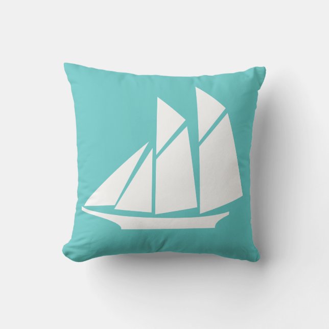 Almofada barco à vela branco em travesseiro azul turquesa (Frente)