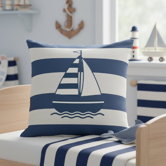 Almofada Barco à Vela Náutico & Listras Azul Marinho Branco (Criador carregado)