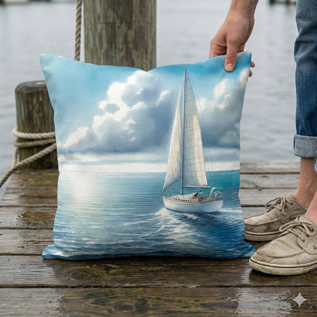 Almofada Barco à Vela Solitário Horizonte Azul (Blue Horizon Solitary Sailboat Throw Pillow Mockup A)