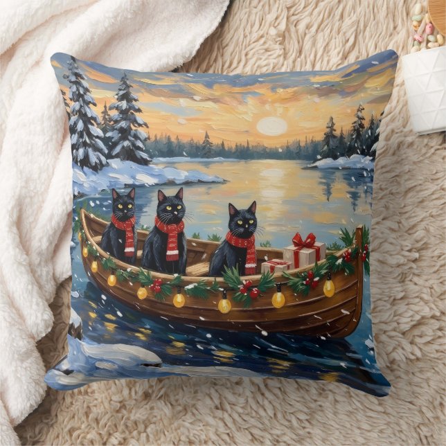Almofada Barco de Natal do Gato Preto Feriado (Cobertor)