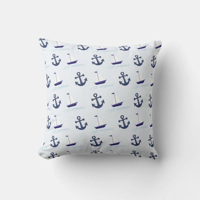 Almofada Barco de vela e padrão de âncora azul (Frente)