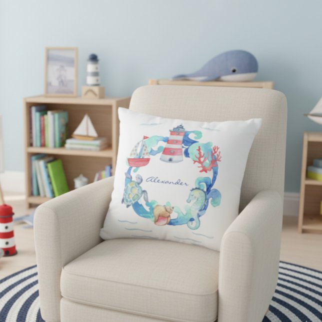 Almofada Barco e Farol de Animais do Oceano Náutico (Criador carregado)