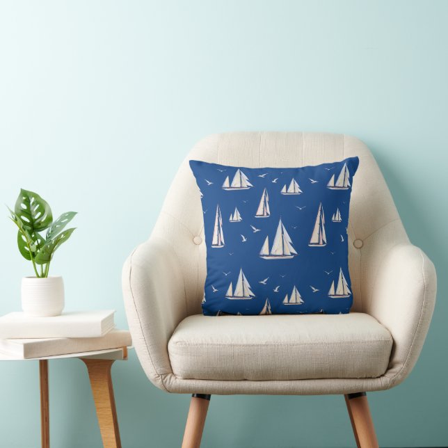 Almofada Barcos à vela e gaivotas em azul (Cadeira)