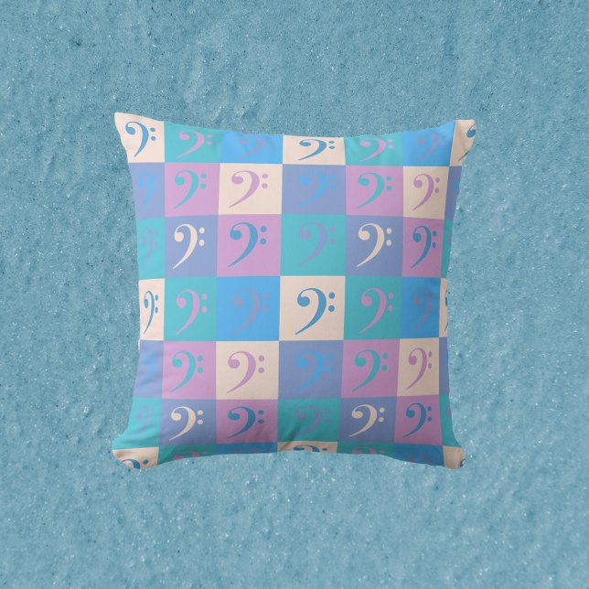 Almofada Bass Clef Music Pastel Colors Pattern (A throw pillow with a pattern of bass clefs in a pastel color scheme.)