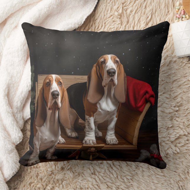 Almofada Basset Hound Snowy Sleigh Decência de Natal (Cobertor)