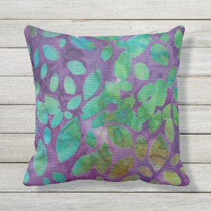 Almofada Batik Boho Verde Roxo Formas de Folhas Abstratas