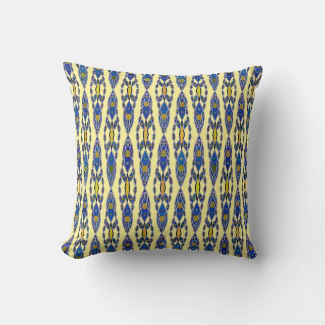 Almofada Batik tribal - azul de aço, cinza e amarelo (Frente)