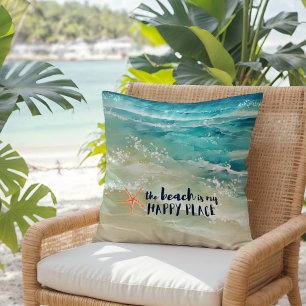 Almofada Beach Happy Place Watercolor Ocean Waves Coaster
