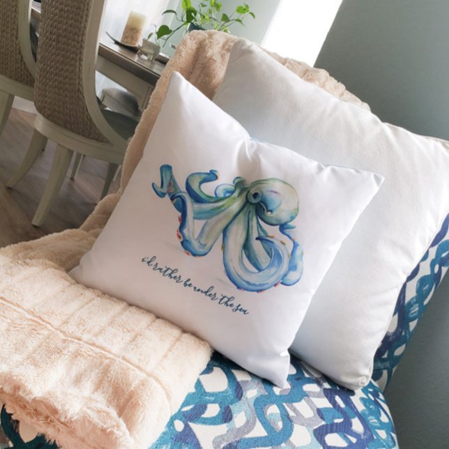 Almofada Beach House Design Personalize o oceano (Beach house decor watercolor blue octopus art by Victoria Grigaliunas of Do Tell A Belle)