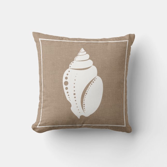 Almofada Beach Rustic White Seashell & Faux Burlap (Frente)
