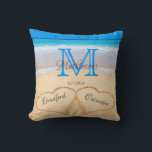 Almofada  Beach Wedding Hearts in Sand Family Monogram<br><div class="desc">Wedding  Bride Groom names with Hearts in Sand,  Family Monogram,  pillow</div>