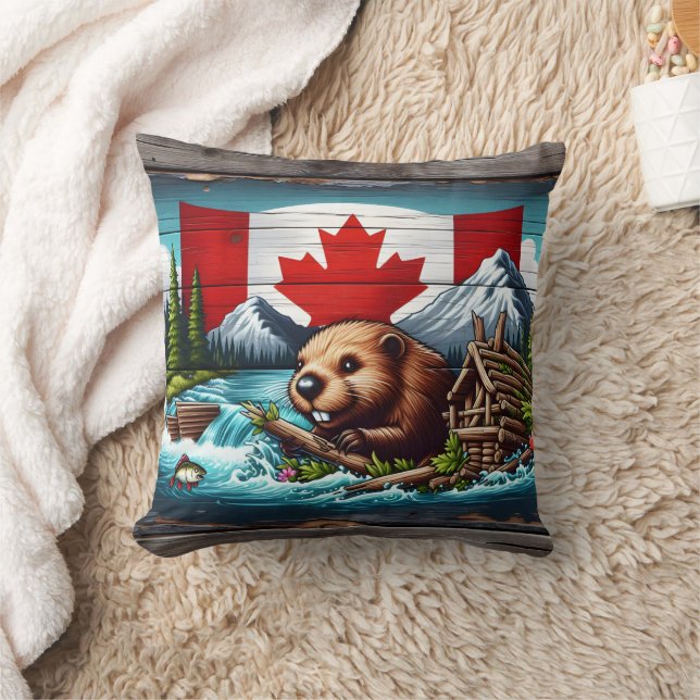 Almofada Beaver Building Dam Perto Da Bandeira Canadiana (Cobertor)