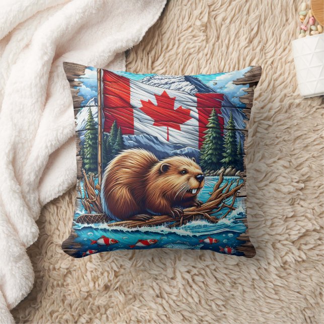 Almofada Beaver canadense no lago com bandeira canadense (Cobertor)