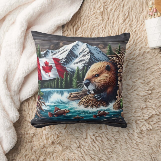 Almofada Beaver perto da bandeira canadense e Stream Mounta (Cobertor)