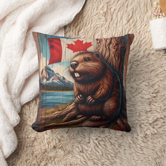 Almofada Beaver sentado em lago com bandeira canadense (Cobertor)