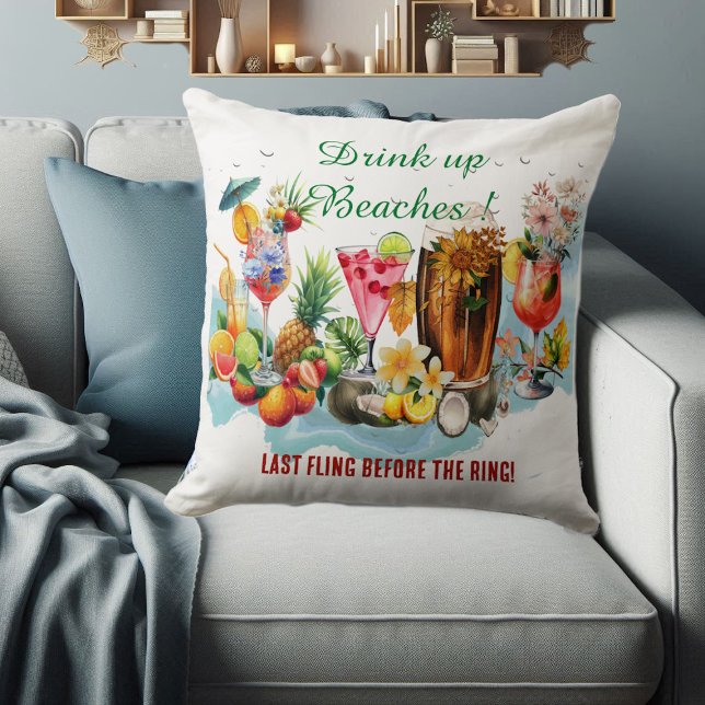 Almofada Beba Até o Fim Festa de Solteira Coquetel Frutas P (Drink Up Beaches Cocktail Fruit Bachelorette Party Throw Pillow)