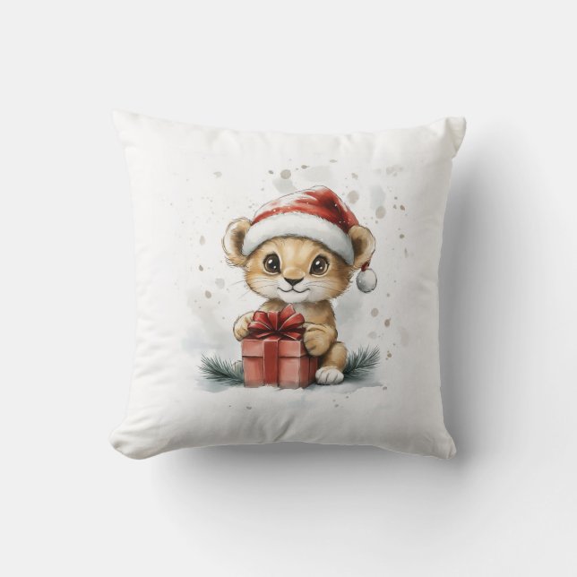 Almofada Bebê leão em Santa Hat com presente Feriado de inv (Frente)