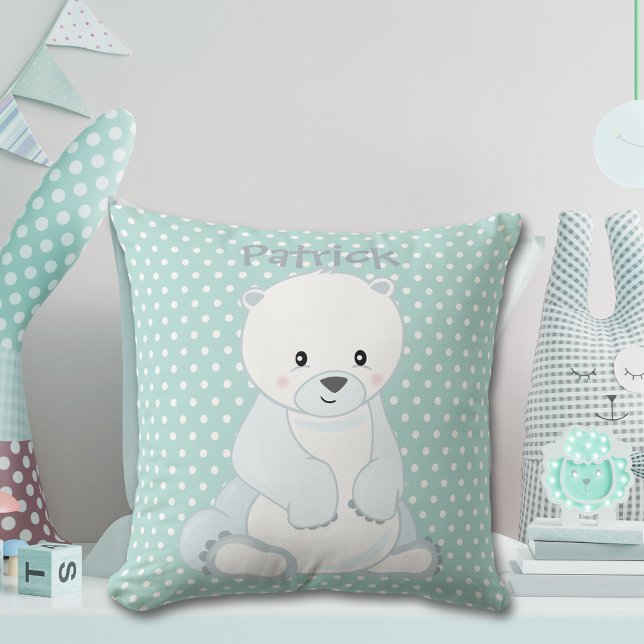 Almofada Bebê Polar Bear Pastel Verde Polka-Dot Monograma (Criador carregado)