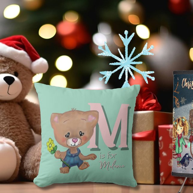 Almofada Bebê rosa-rosa, Urso-de-Corte (Cute Teddy Bear Baby Pink Teal Throw Pillow)