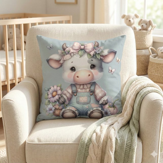 Almofada Bebê Vaca Fofo de Tons Pastéis com Macacão e Flore (Cute Pastel Baby Cow in Overalls with Flowers Throw Pillow Mockup A)