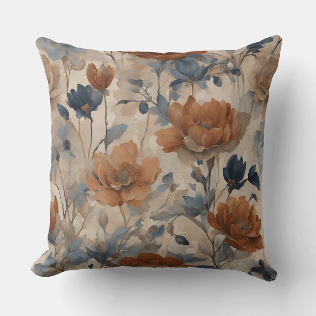 Almofada Bege Laranja Queimada Azul Naval Floral Empoeirada (Frente)