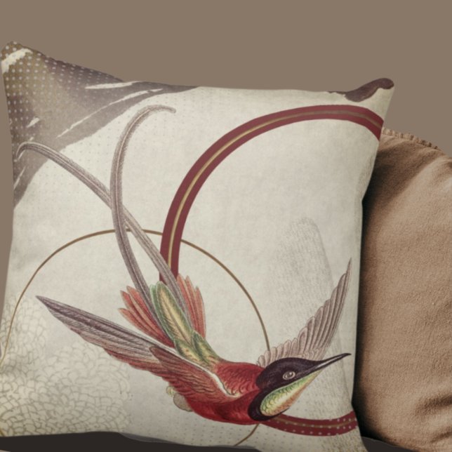 Almofada Beige Artístico Hummingbird Design | Maroon (Criador carregado)