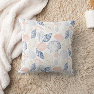 Almofada Beige Blue Seashell Beach House Lakeside Boho