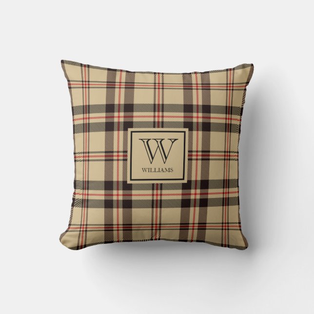 Almofada Beige Brown Xadrez Tartan Rustic Fall Monogrammed (Frente)