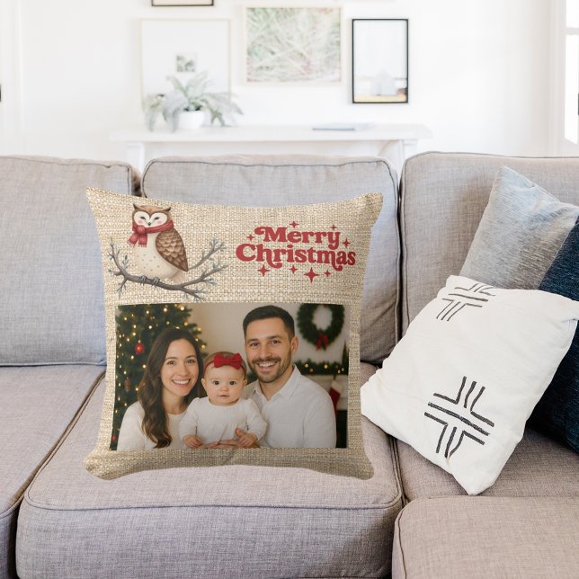 Almofada Beige burlap foto fofa coruja (Criador carregado)