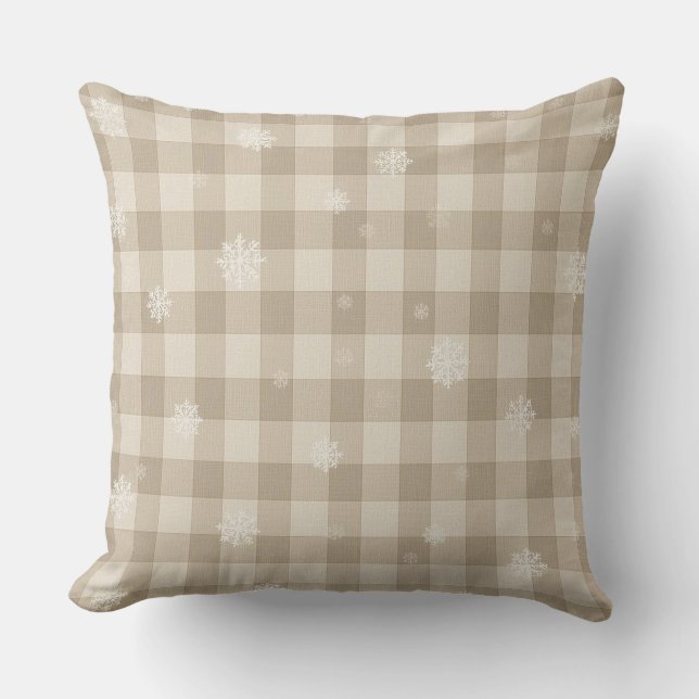 Almofada Beige Gingham Plaid Snowflake Throw Pillow – Warm (Frente)