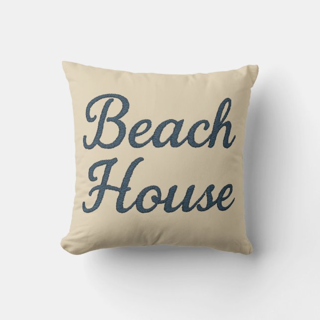 Almofada Beige marítimo e Marinho Blue Script Beach house (Frente)