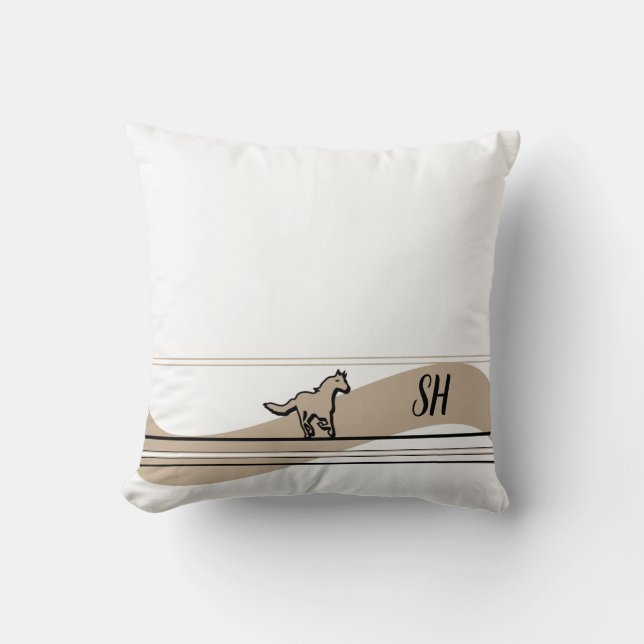 Almofada Beige Running Horse Design & Initials Throw Pillow (Frente)