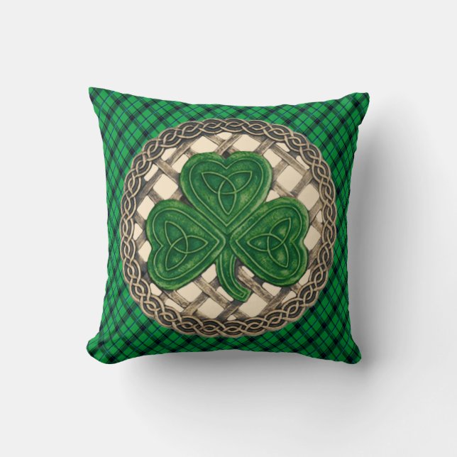 Almofada Beige Shamrock Celtic Nodes On Green Xadrez (Frente)