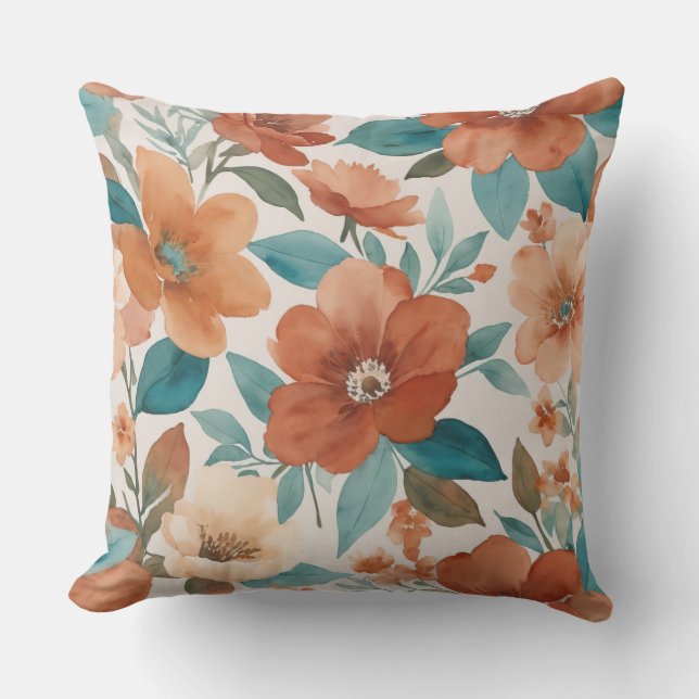 Almofada Beige, teal e flores impermeáveis (Frente)