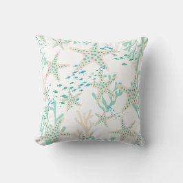 Almofada Beige Teal Fish Seashells Starfish Coral Reef