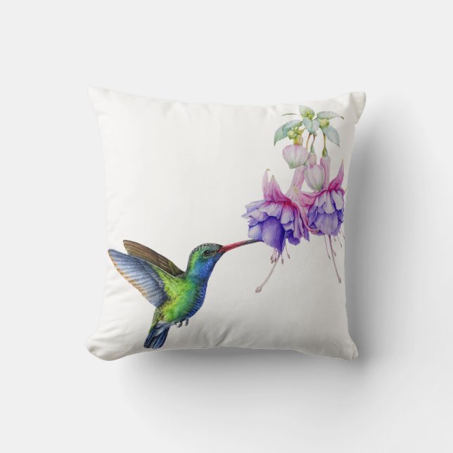 Almofada Beija-flor azul verde com flores roxas (Frente)