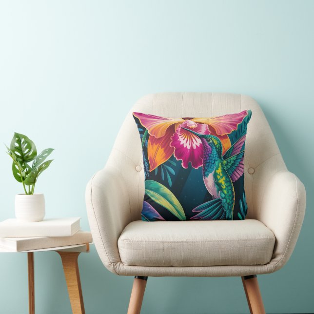 Almofada Beija-flor e Orquídea Tropical Vibrante (Cadeira)