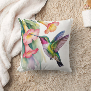 Almofada Beija-flor em Aquarela com Flores