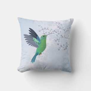 Almofada Beija-flor Verde Com Flor de Cerejeira Azul