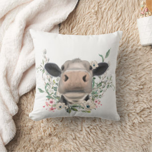 Almofada beijo de nariz de vaca flores aquarela cinza anima