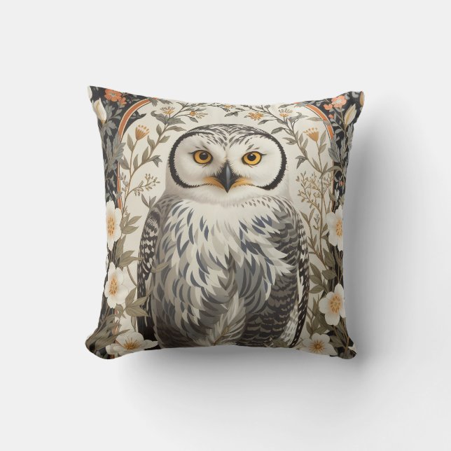 Almofada Bela Coruja da Neve Inspirada em William Morris (Frente)