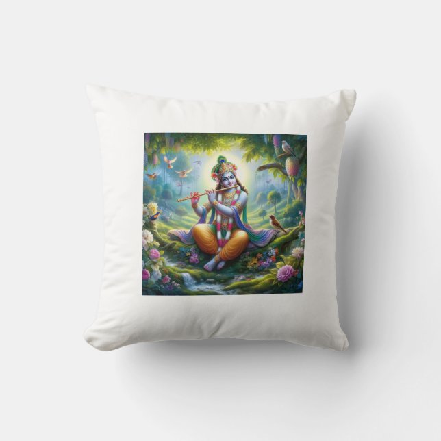 Almofada Bela representação de Lord Krishna tocando flauta (Frente)