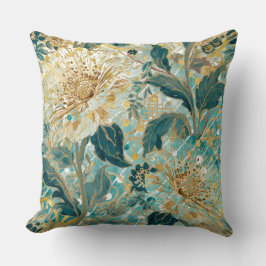 Almofada Belas Flores em Flor com Padrão Verde Dourado