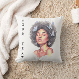 Almofada Beleza Afro com Borboletas – Retrato em Aquarela