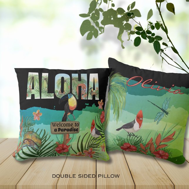 Almofada Beleza Tropical Aloha Colorida Negrito De Dois Lad (Bold Colorful Aloha Tropical Beauty Double-Sided Throw Pillow)