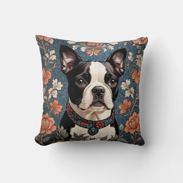 Almofada Belo Boston Terrier William Morris Inspirou (Frente)