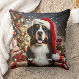 Almofada Belo Cachorro de Montanha Bernês com Santa Hat