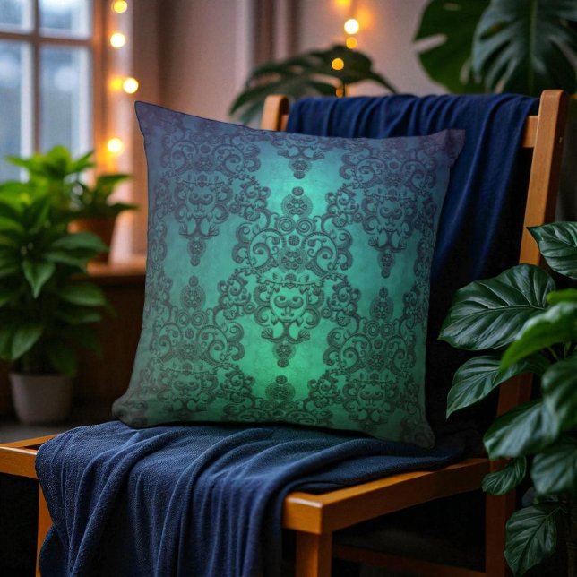 Almofada Belo Damasco Azul Turquesa Verde (Criador carregado)