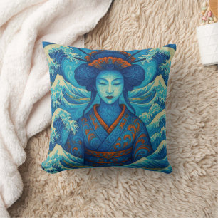 Almofada Belo oriental ondas azuis Geisha Kanagawa