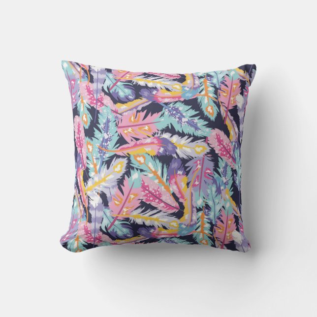 Almofada Belo padrão de Penas Coloridas de Boho (Frente)